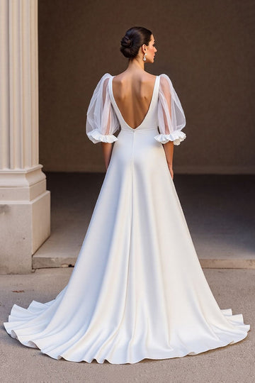 Ivory A Line V-Neck Wedding Dress with Puff Sleeves